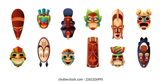 African ritual masks. Traditional ceremonial tribal human face shaped totems, indigenous folk decorative zoomorphic muzzle cartoon style. Vector flat set. Wooden tropical idols, culture