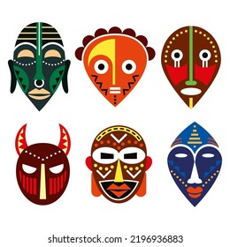 African ritual masks vector design set, traditional folk art decorations in different colors. Ethnic masks with human faces - shaman, indigenous man and woman backgrounds

