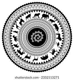 African round frame pattern with animal silhouettes, black and white colors on white background. Vector illustration.