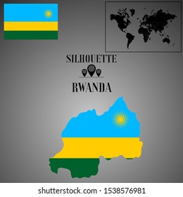 African Rwanda outline world map silhouette vector illustration, creative design background, national country flag, objects, element, symbols from countries all continents set.