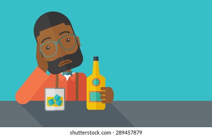 An african sad man is having a problem drinking beer in the bar. Depressed concept. A contemporary style with pastel palette dark blue tinted background. Vector flat design illustration. Square layout