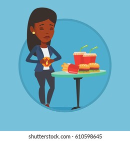 African sad woman having stomach ache from heartburn. Woman suffering from heartburn. Woman having stomach ache after fast food. Vector flat design illustration in the circle isolated on background.