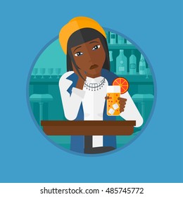 An african sad woman sitting at the bar with glass of orange cocktail. Woman sitting alone at the bar and drinking orange cocktail. Vector flat design illustration in the circle isolated on background