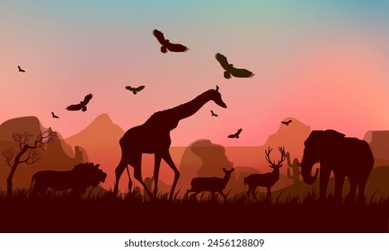 An African safari animal silhouette  with hill, mountain landscape scene on background vector illustration.