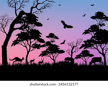An African safari animal silhouette  with hill, mountain landscape scene on background vector illustration.