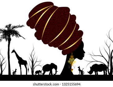 African safari animal silhouette landscape scene and portrait African woman in traditional turban, Kente afro head wrap leopard texture with gold ethnic jewellery, vector isolated or white background 