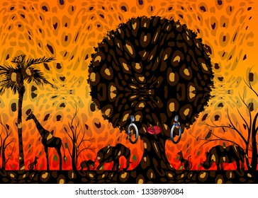 African safari animal silhouette landscape scene and portrait African woman in traditional hair curly. Tree of Life concept  and leopard texture sunset background. Mother earth, mother nature concept