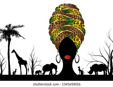 African safari animal silhouette landscape scene and portrait African woman in traditional turban, Kente afro head wrap leopard texture with gold ethnic jewellery, vector isolated or white background