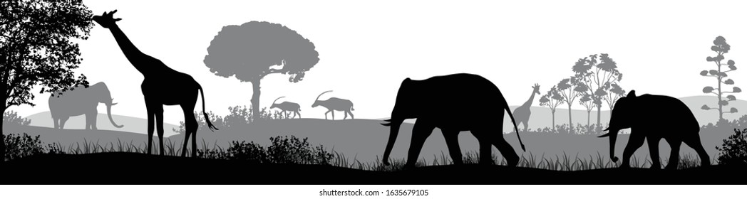 African safari animal silhouette landscape scene on white background, vector illustration