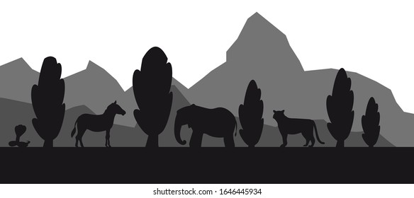 African safari animal silhouette landscape including elephants, giraffes, tiger and cobra, vector illustration. Black and white banner or poster of Africa savanna with animals and trees.