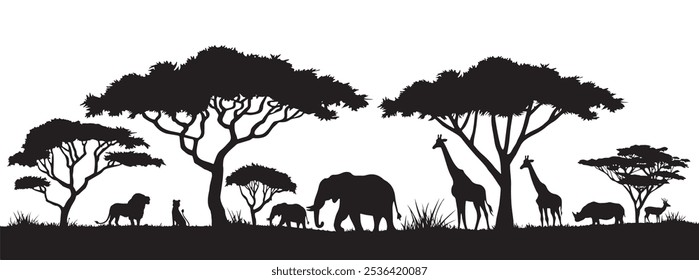 Una escena africana de paisaje de silueta de animales de safari. Siluetas de animales de la sabana entre los árboles, incluyendo jirafas, leones, elefantes, rinocerontes y ciervos.