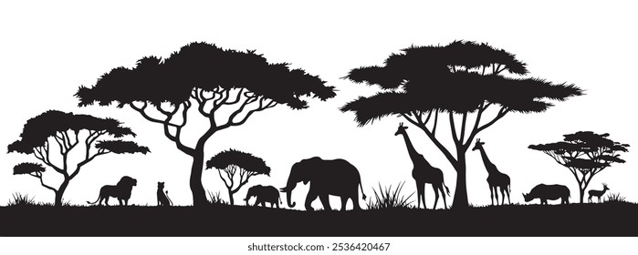 Una escena africana de paisaje de silueta de animales de safari. Siluetas de animales de la sabana entre los árboles, incluyendo jirafas, leones, elefantes, rinocerontes y ciervos.