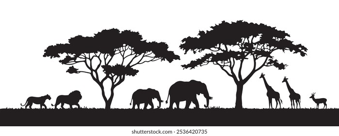 An African safari animal silhouette landscape scene featuring a collection of African animals among the trees. Vector illustration of wild nature silhouette. giraffe, lion, elephants, rhinoceros, deer