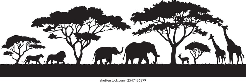 Un paisaje de silueta de animales de safari africano que presenta una colección de animales africanos entre los árboles. Ilustración vectorial de la silueta de la naturaleza salvaje. jirafa, león, elefantes y ciervos