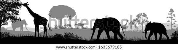 African Safari Animal Silhouette Landscape Scene Stock Vector (Royalty ...