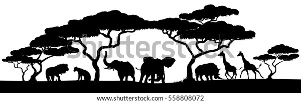 アフリカのサファリ動物のシルエット風景 のベクター画像素材