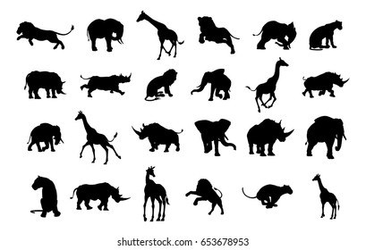 An African safari animal silhouette set including elephants, giraffes, rhinos and lions