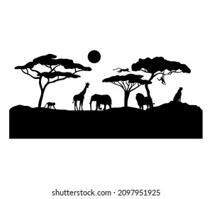 African safari animal silhouette. Vector black landscape scene with trees, lion, giraffe, elephant and monkey isolated on white background