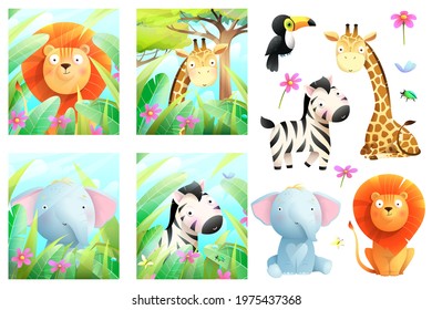 African safari animals big collection in the wild nature and isolated clipart . Colorful jungle wildlife poster or greeting cards collection for kids, vector cartoon in watercolor style.