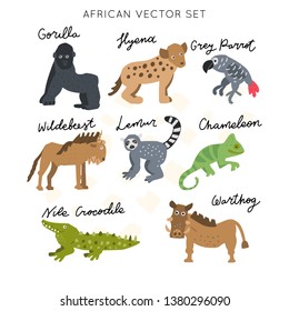 African safari animals clipart vector set. Hand drawn elements in paper-cut style. Nature inspired simple geometry shapes, textured illustration.
