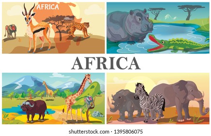 African safari animals composition with antelope monkey leopard rhino crocodile hippo zebra giraffe buffalo elephant in cartoon style vector illustration