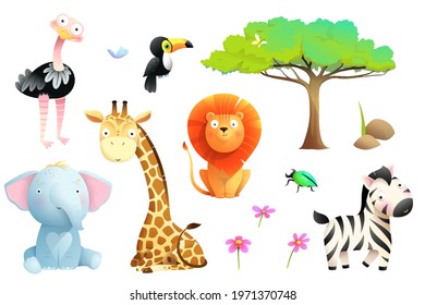 African safari animals isolated clipart collection. Lion giraffe zebra toucan elephant and ostrich colorful jungle wildlife collection for kids, vector cartoon.