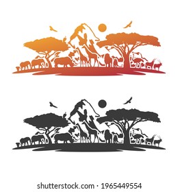 African Safari Animals Landmark Silhouette Illustration. Animal Kingdom Vector Design Wild Life Scene.