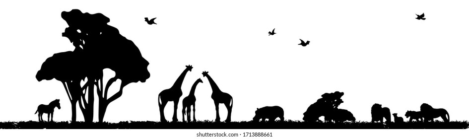 African Safari animals - lion, zebra, hippo, giraffe silhouettes landscape background illustration vector, panorama