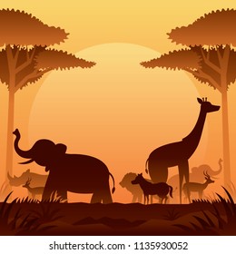 African Safari Animals Silhouette Background, Sunset or Sunrise, Nature Landscape