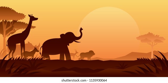 African Safari Animals Silhouette Background, Sunset or Sunrise, Nature Landscape
