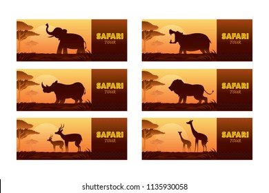 African Safari Animals Silhouette Banner, Sunset or Sunrise, Nature Landscape