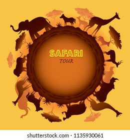 African Safari Animals Silhouette Round Frame, Sunset or Sunrise, Nature Landscape