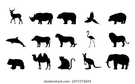 African Safari Animals Silhouettes collection on white background
