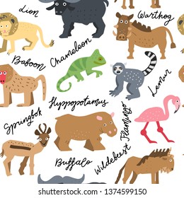 African safari animals vector set. Hand drawn elements in paper-cut style. Nature inspired simple geometry shapes.Seamless pattern background.