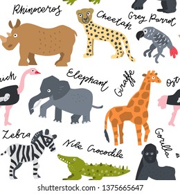 African safari animals vector set. Hand drawn elements in paper-cut style. Nature inspired simple geometry shapes.Seamless pattern background.