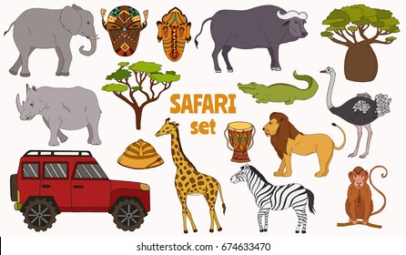 African safari animals zoo cartoon big set of car,buffalo,elephant,giraffe,lion,ostrich,zebra vector background