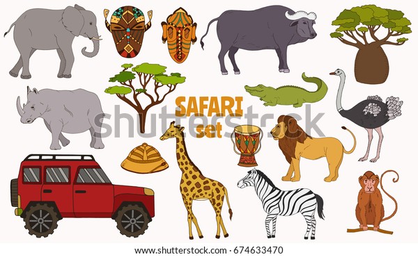 African safari animals zoo cartoon big set of\
car,buffalo,elephant,giraffe,lion,ostrich,zebra vector\
background