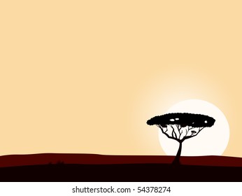 African safari background with acacia black tree silhouette. Vector illustration of black tree on yellow sunset background. Big copyspace - write your own text!