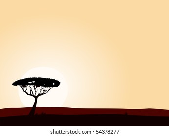 African safari background with acacia black tree silhouette. Vector illustration of black tree on yellow sunset background. Big copyspace - write your own text!