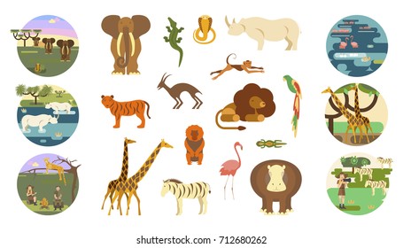 African safari banners set and animals. Ecotourism travel. Flat isolated eps 10 vector illustration