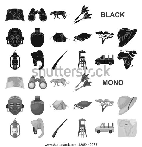 African Safari black icons in set\
collection for design. Trophies and equipment for Safari vector\
symbol stock web\
illustration.
