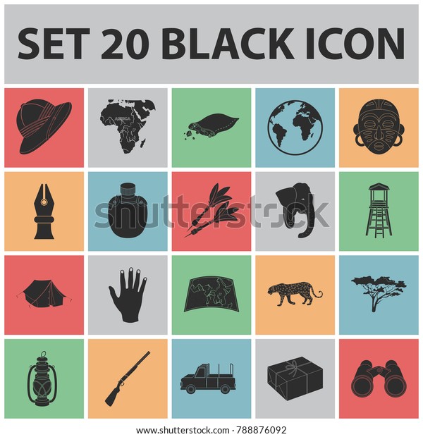 African Safari black icons in set\
collection for design. Trophies and equipment for Safari vector\
symbol stock web\
illustration.