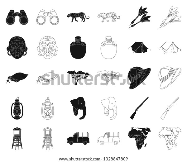 African Safari black,outline icons in set\
collection for design. Trophies and equipment for Safari vector\
symbol stock web\
illustration.