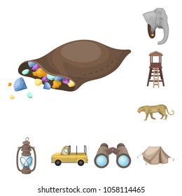 African Safari cartoon icons in set collection for design. Trophies and equipment for Safari vector symbol stock web illustration.
