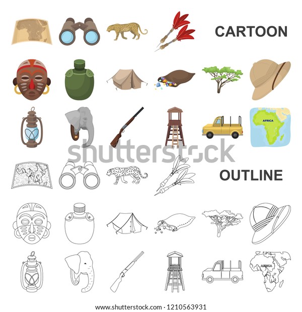 African Safari cartoon icons in set\
collection for design. Trophies and equipment for Safari vector\
symbol stock web\
illustration.