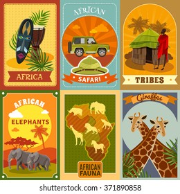  African Safari Cartoon Posters Set With Tribes And Fauna Symbols Isolated Vector Illustration 