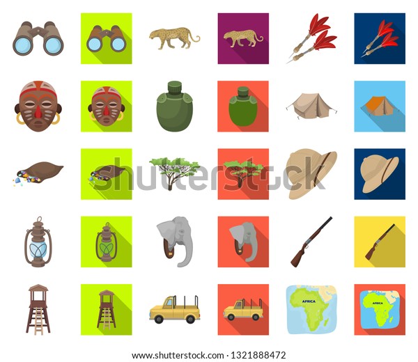 African Safari cartoon,flat icons in set\
collection for design. Trophies and equipment for Safari vector\
symbol stock web\
illustration.