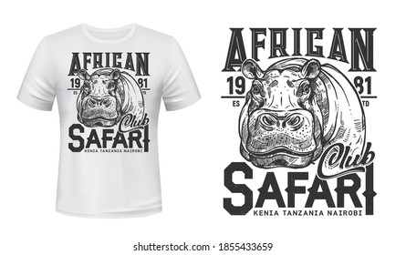 African safari club t-shirt vector print with hippo. African hippopotamus muzzle engraved illustration and typography. Trophy and sport hunting club apparel custom print design with savanna animal