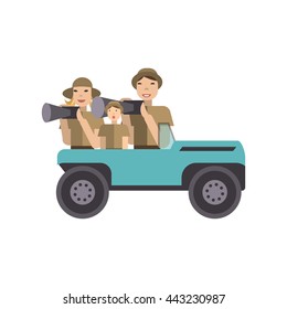 African safari concept with family in car. Photo african travel on savanna in modern flat design. Illustration isolated on white background. Vector eps10