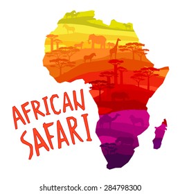 African Safari Concept With African Mainland Silhouette Filled With Animals And Trees Concept Vector Illustration.